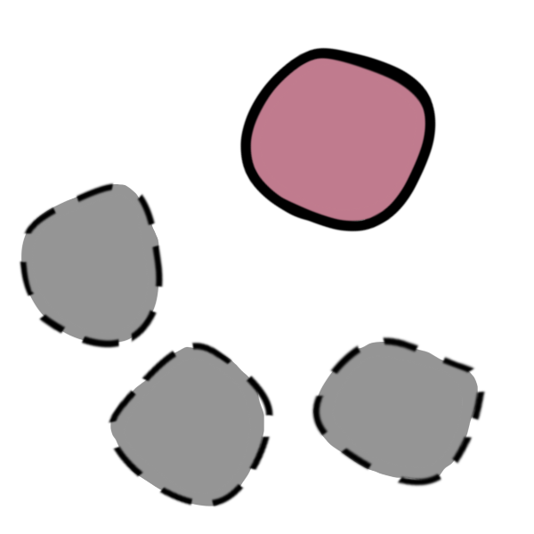 one pink lump offset and above a set of three gray lumps with dotted line borders